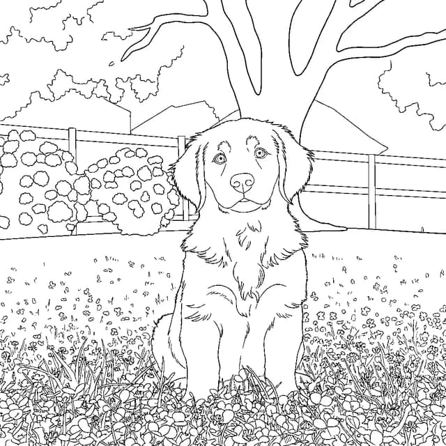 The same puppy photo converted into a black-and-white coloring page