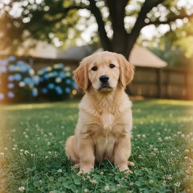 A photo of a golden retriever puppy sitting in a garden