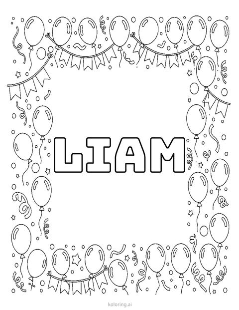 Example name coloring page: Liam · blocky · balloons