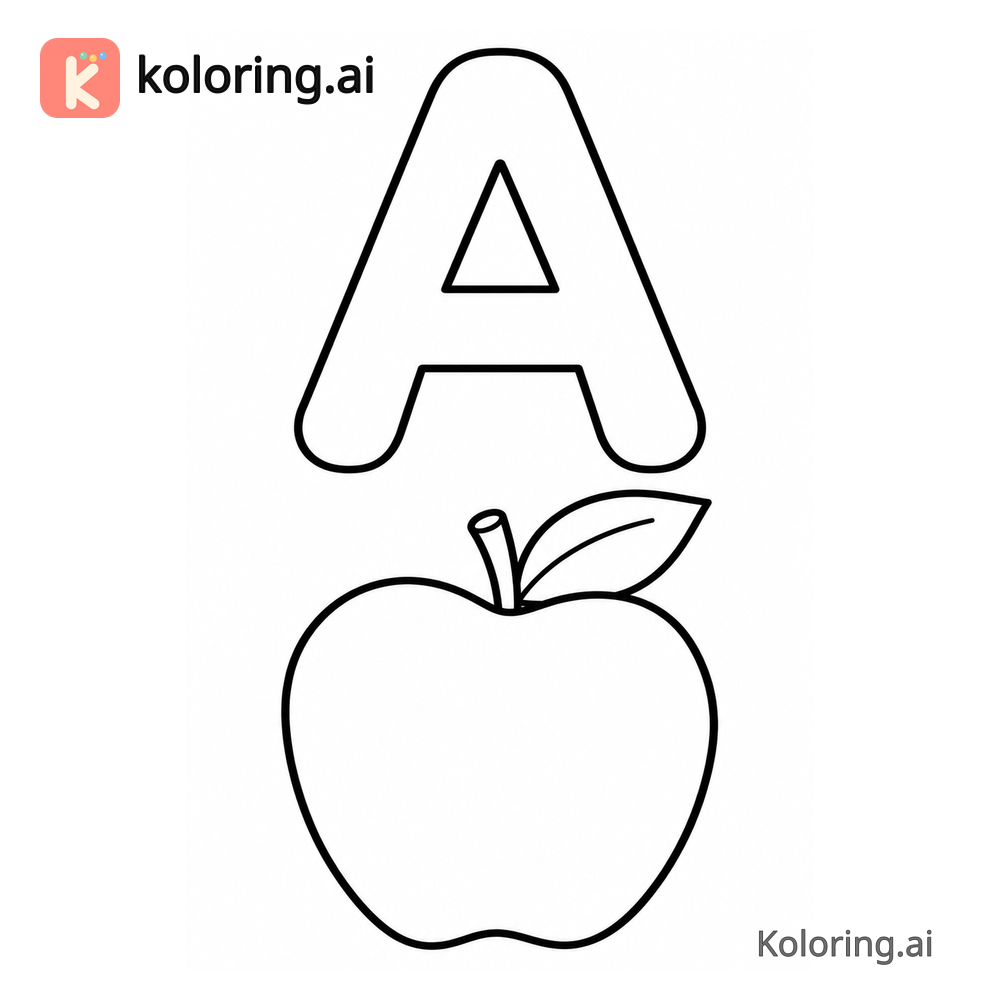 Letter A Coloring Page — A is for Apple — free printable black and white line art