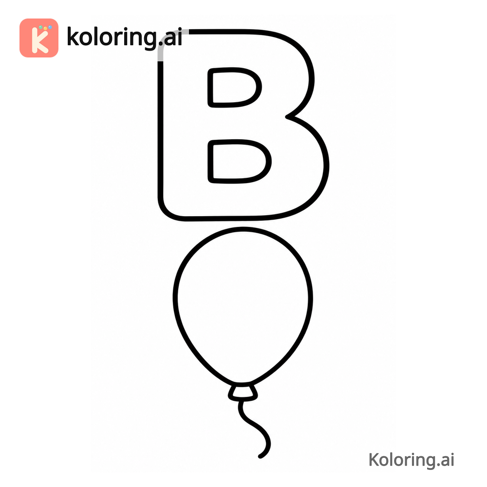 Letter B Coloring Page — B is for Balloon — free printable black and white line art