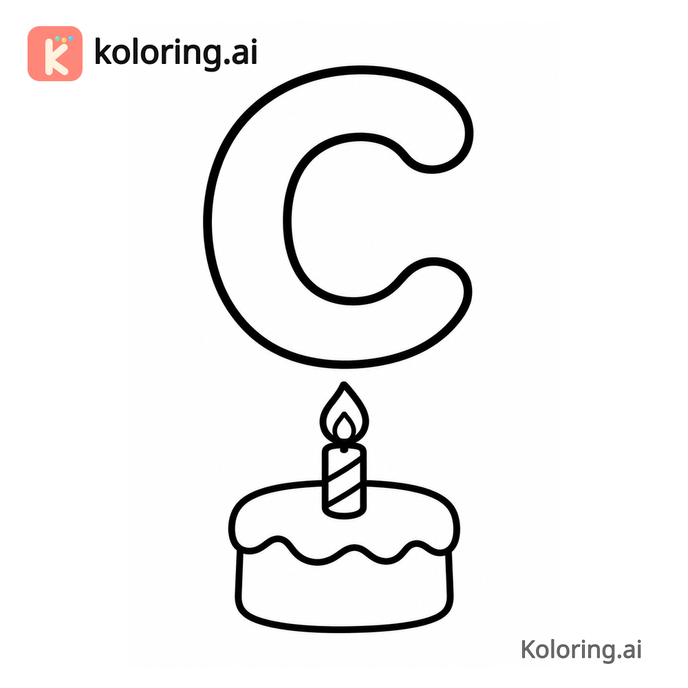 Letter C Coloring Page — C is for Cake — free printable black and white line art