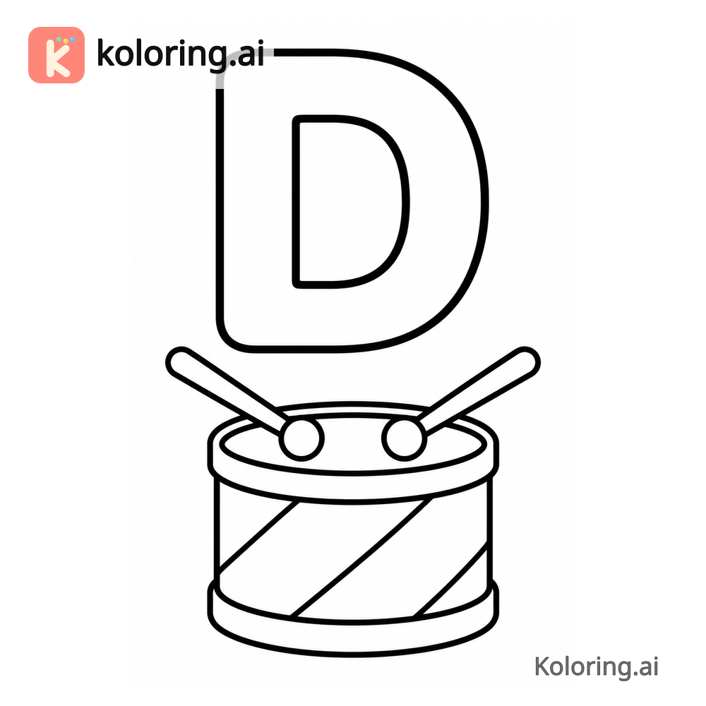 Letter D Coloring Page — D is for Drum — free printable black and white line art