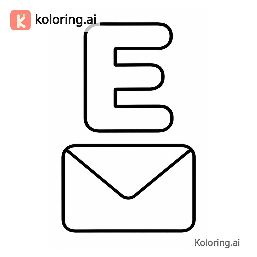 Letter E Coloring Page — E is for Envelope — free printable black and white line art