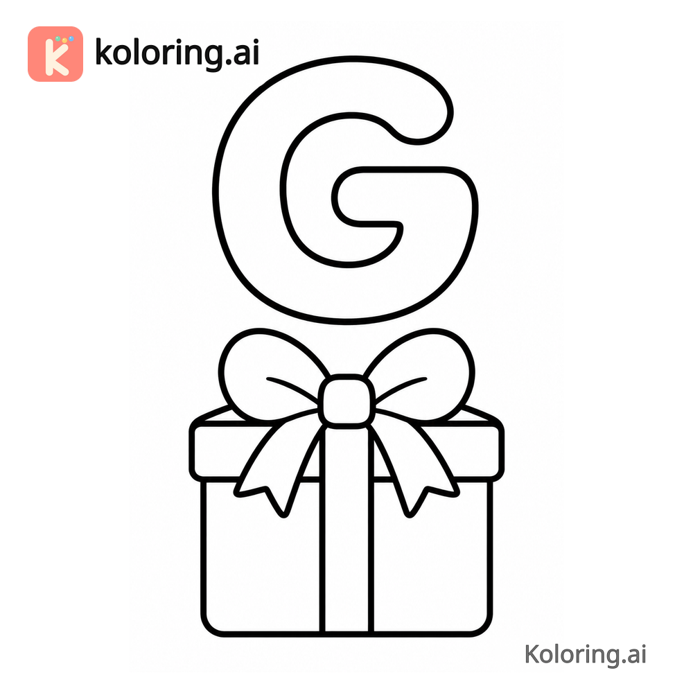 Letter G Coloring Page — G is for Gift — free printable black and white line art