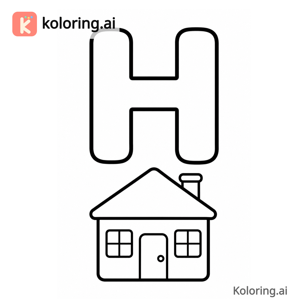 Letter H Coloring Page — H is for House — free printable black and white line art