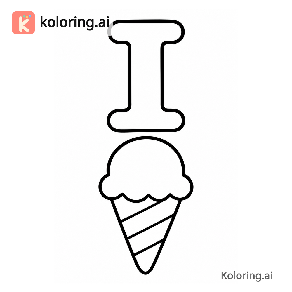 Letter I Coloring Page — I is for Ice Cream — free printable black and white line art