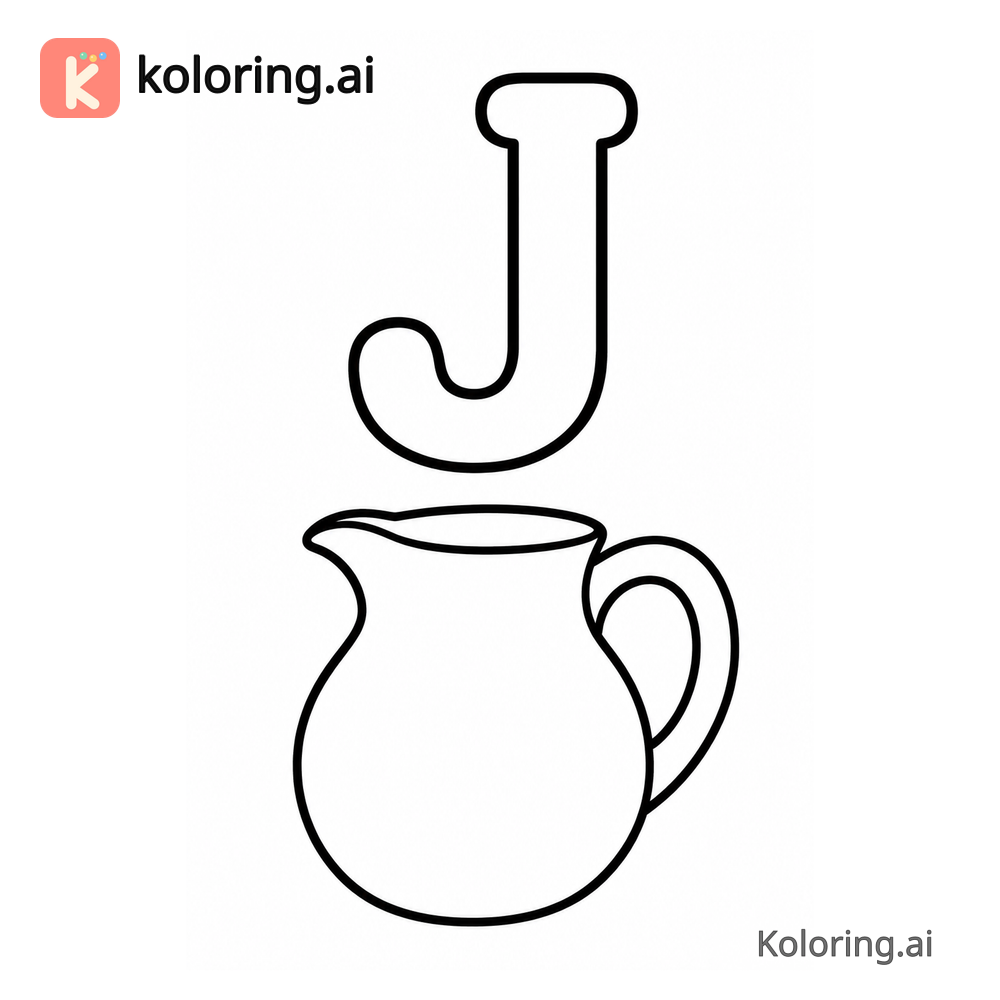 Letter J Coloring Page — J is for Jug — free printable black and white line art