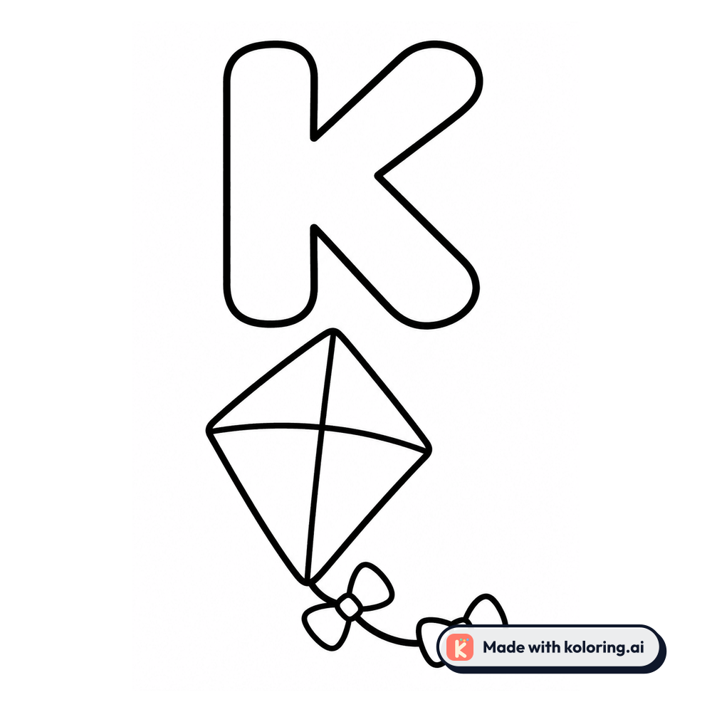 Letter K Coloring Page — K is for Kite — free printable black and white line art