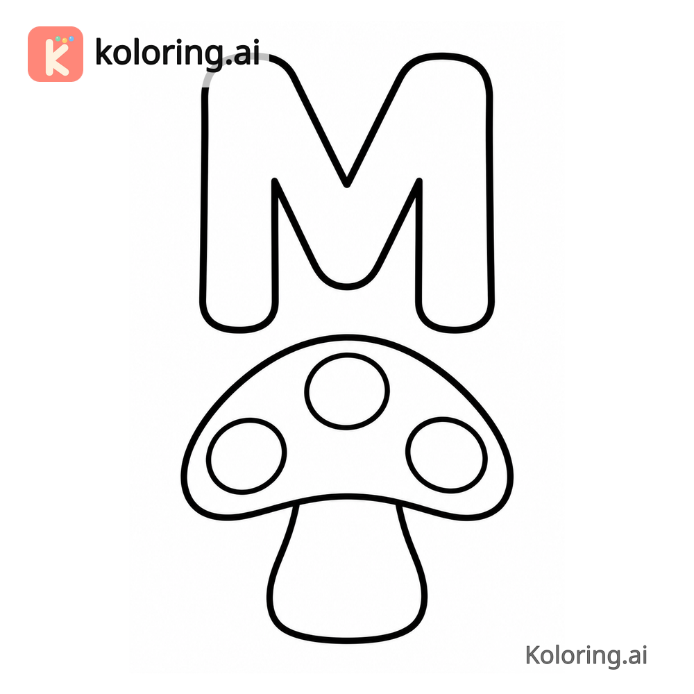 Letter M Coloring Page — M is for Mushroom — free printable black and white line art