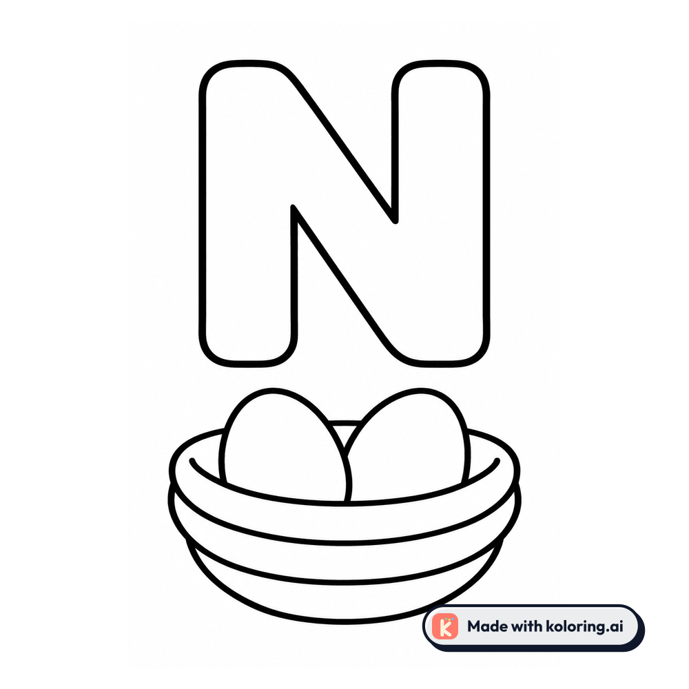 Letter N Coloring Page — N is for Nest — free printable black and white line art