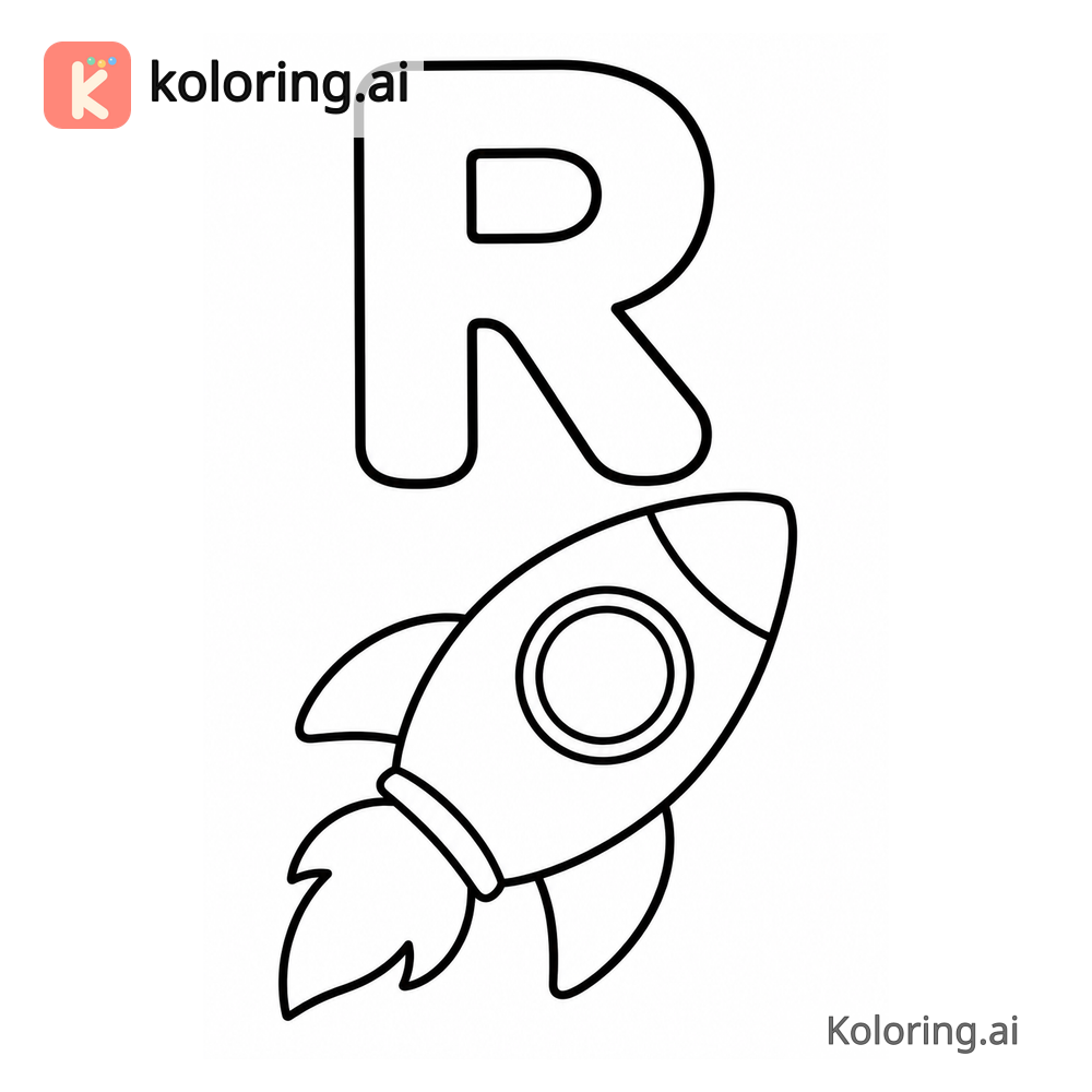 Letter R Coloring Page — R is for Rocket — free printable black and white line art