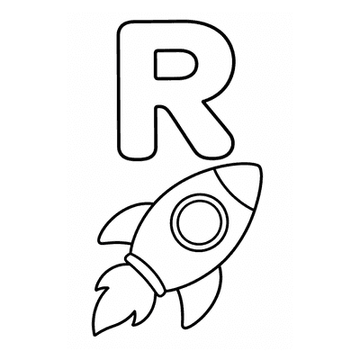 Letter R Coloring Page — R is for Rocket — free printable black and white line art