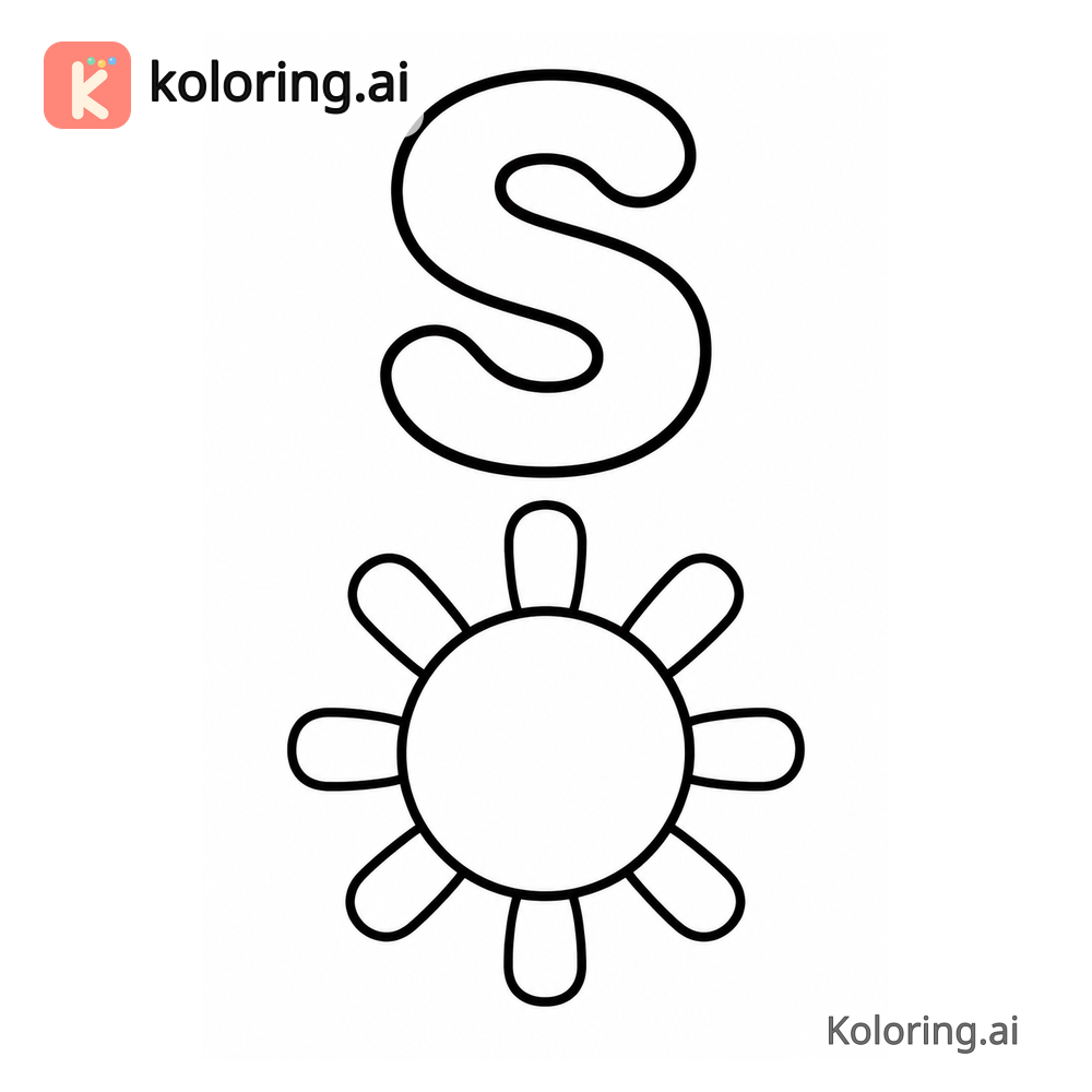 Letter S Coloring Page — S is for Sun — free printable black and white line art