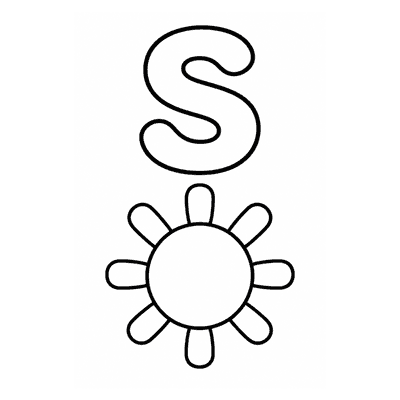 Letter S Coloring Page — S is for Sun — free printable black and white line art