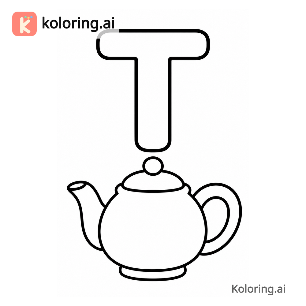 Letter T Coloring Page — T is for Teapot — free printable black and white line art