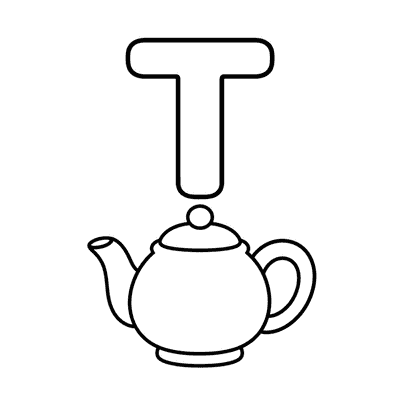 Letter T Coloring Page — T is for Teapot — free printable black and white line art