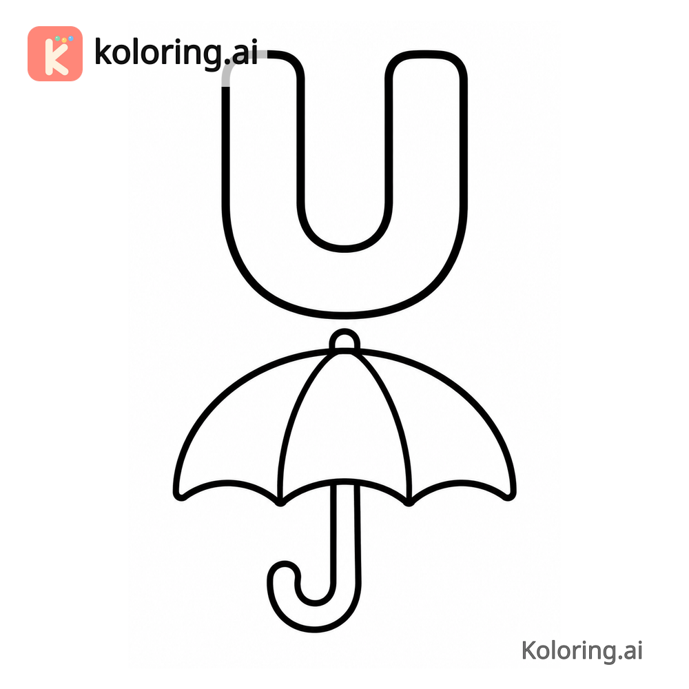 Letter U Coloring Page — U is for Umbrella — free printable black and white line art