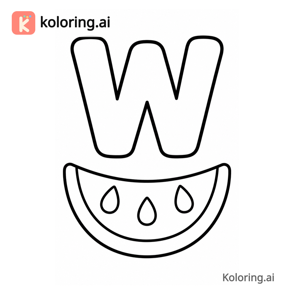 Letter W Coloring Page — W is for Watermelon — free printable black and white line art