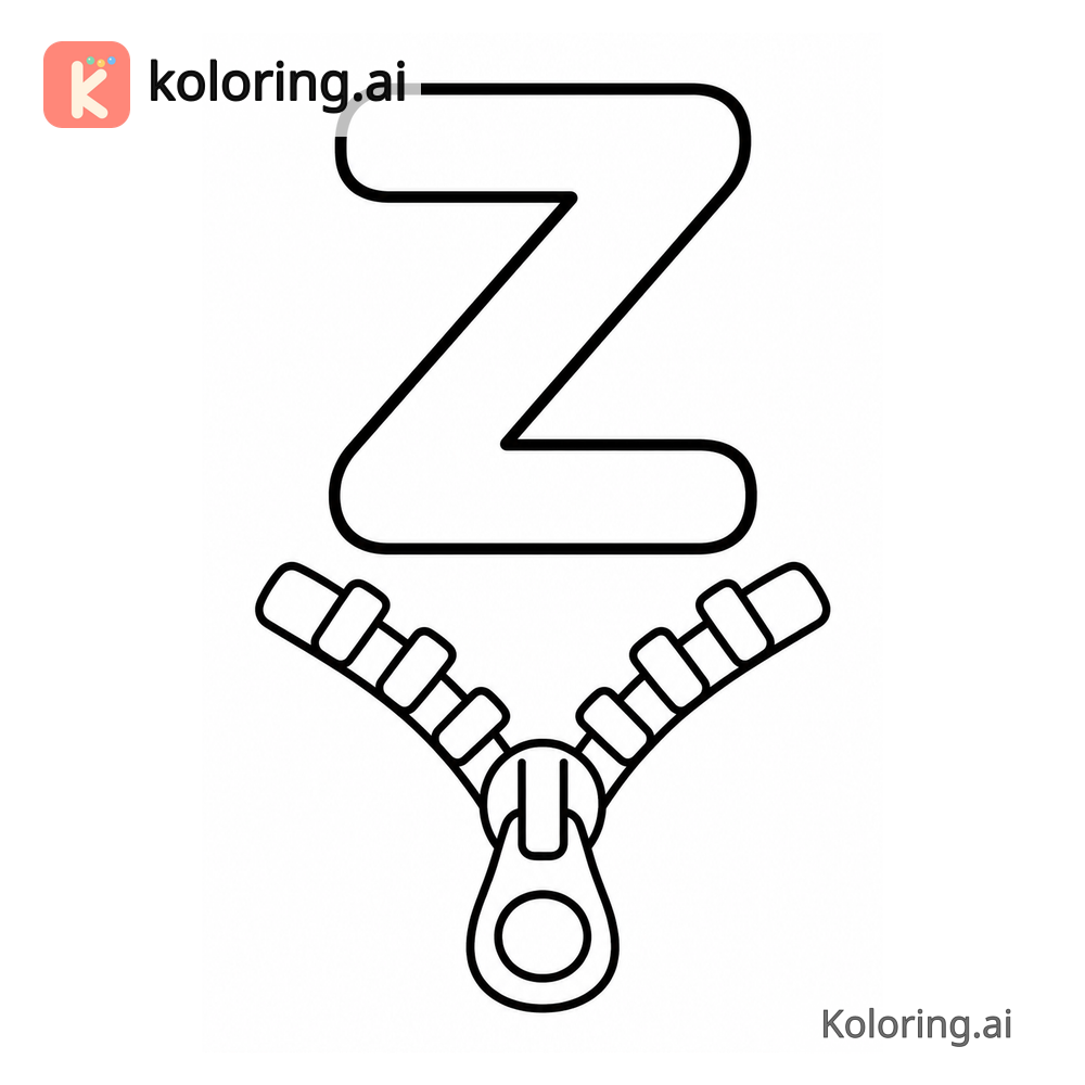 Letter Z Coloring Page — Z is for Zipper — free printable black and white line art
