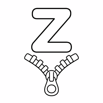 Letter Z Coloring Page — Z is for Zipper — free printable black and white line art