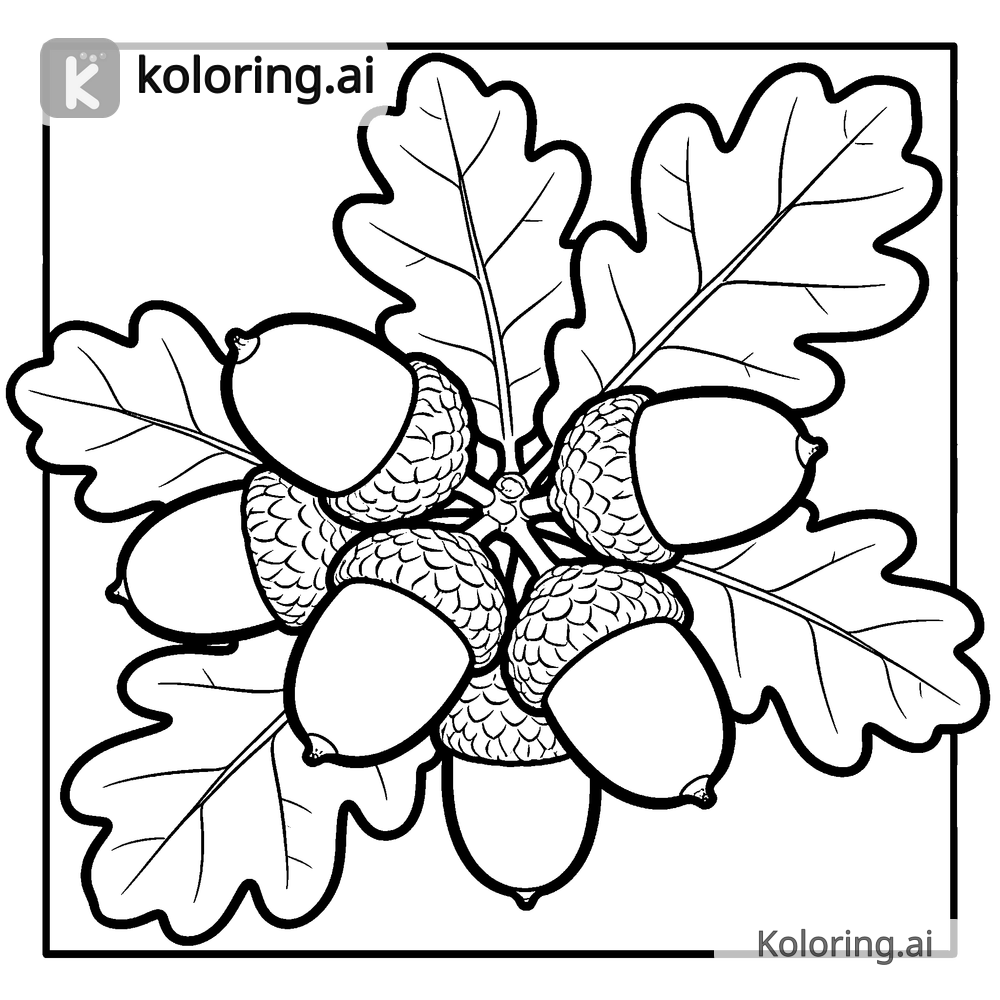 Black and white coloring page of acorn and oak leaf cluster