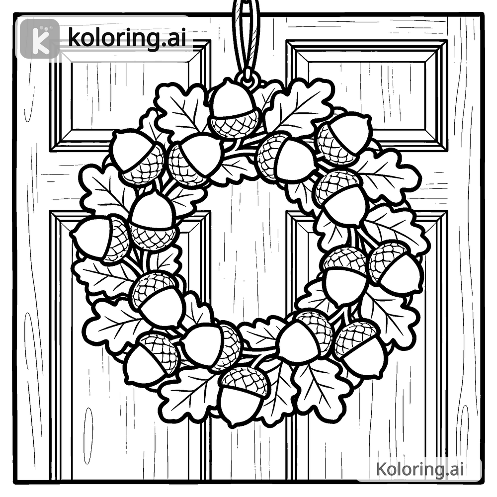 Black and white coloring page of acorn wreath hanging on a wooden door