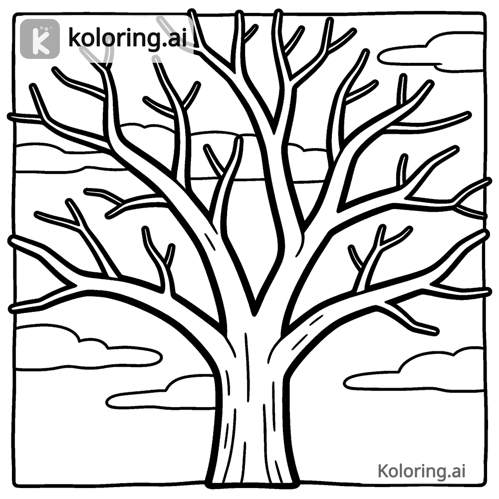Black and white coloring page of bare tree branches against an autumn sky