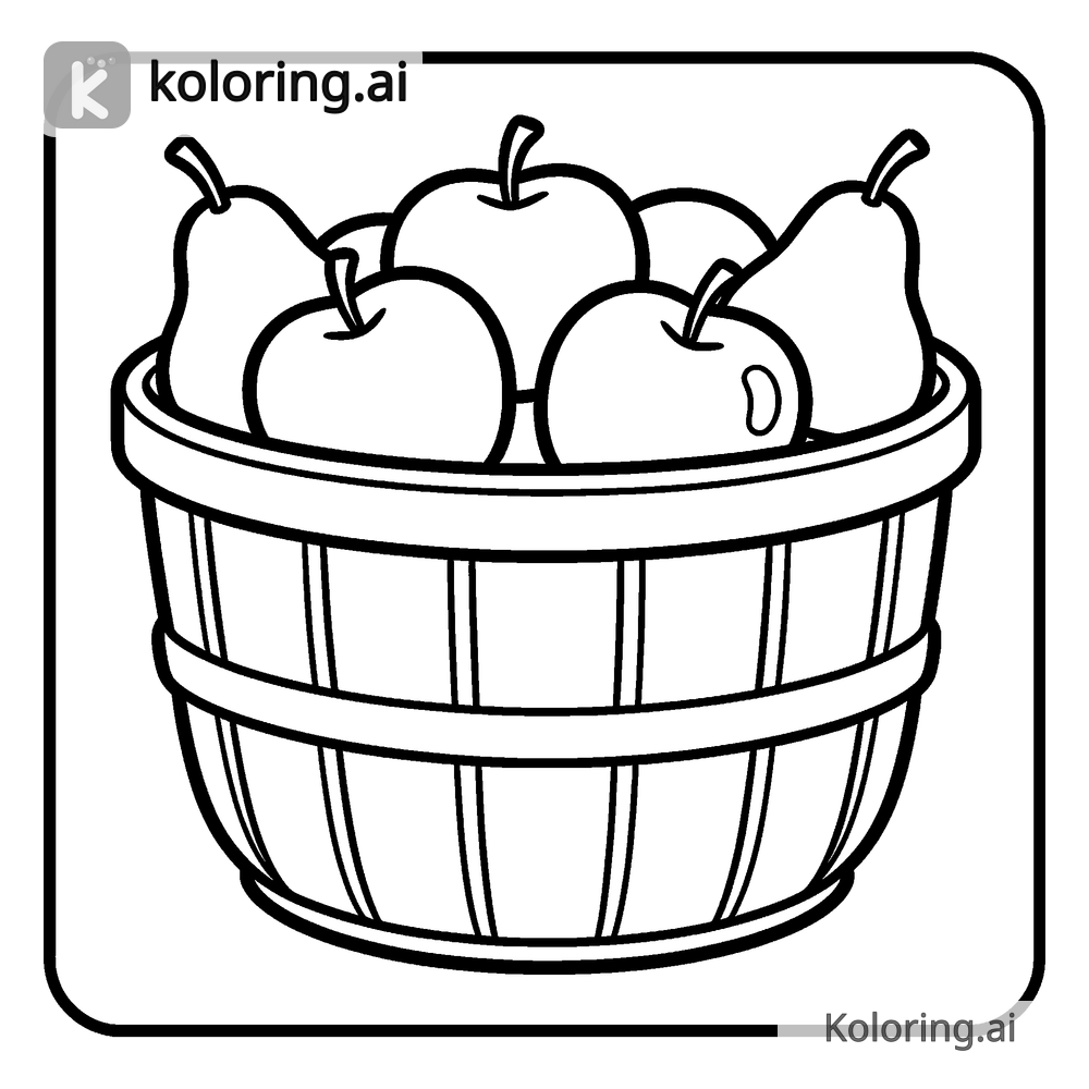 Black and white coloring page of basket of freshly picked apples and pears