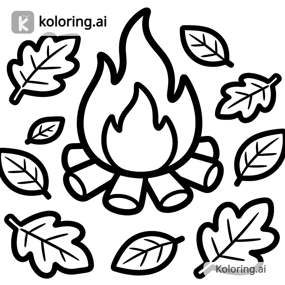 Black and white coloring page of bonfire surrounded by fallen leaves