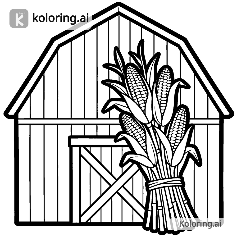 Black and white coloring page of corn stalks bundled beside a barn