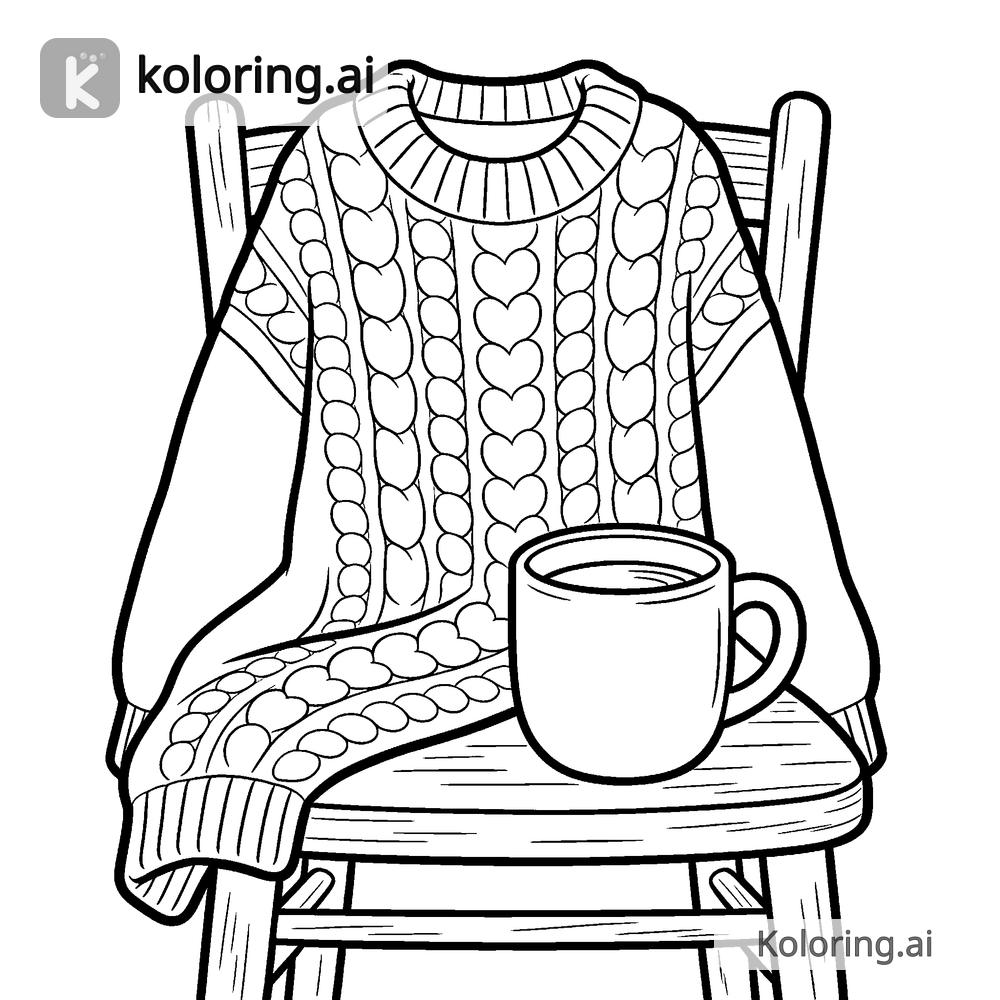 Black and white coloring page of cozy sweater and hot drink