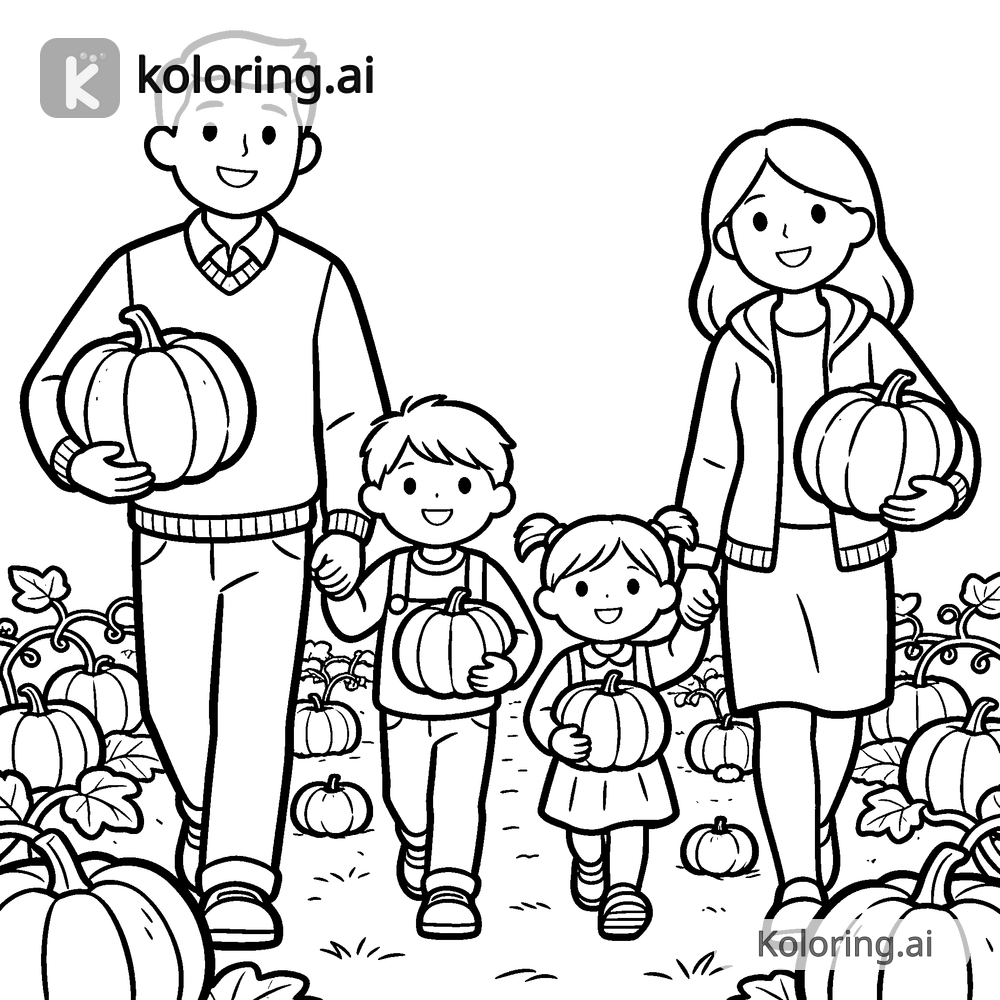 Black and white coloring page of family walking through a pumpkin patch