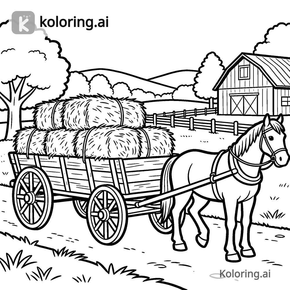 Black and white coloring page of hay ride through the countryside