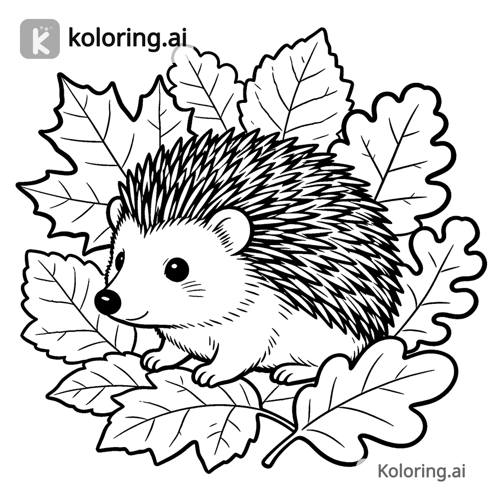 Black and white coloring page of hedgehog among autumn leaves