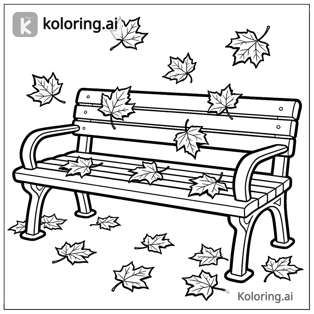 Black and white coloring page of maple leaves falling on a park bench