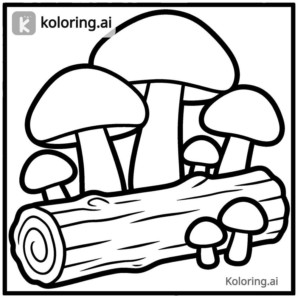 Black and white coloring page of mushrooms growing beside a fallen log
