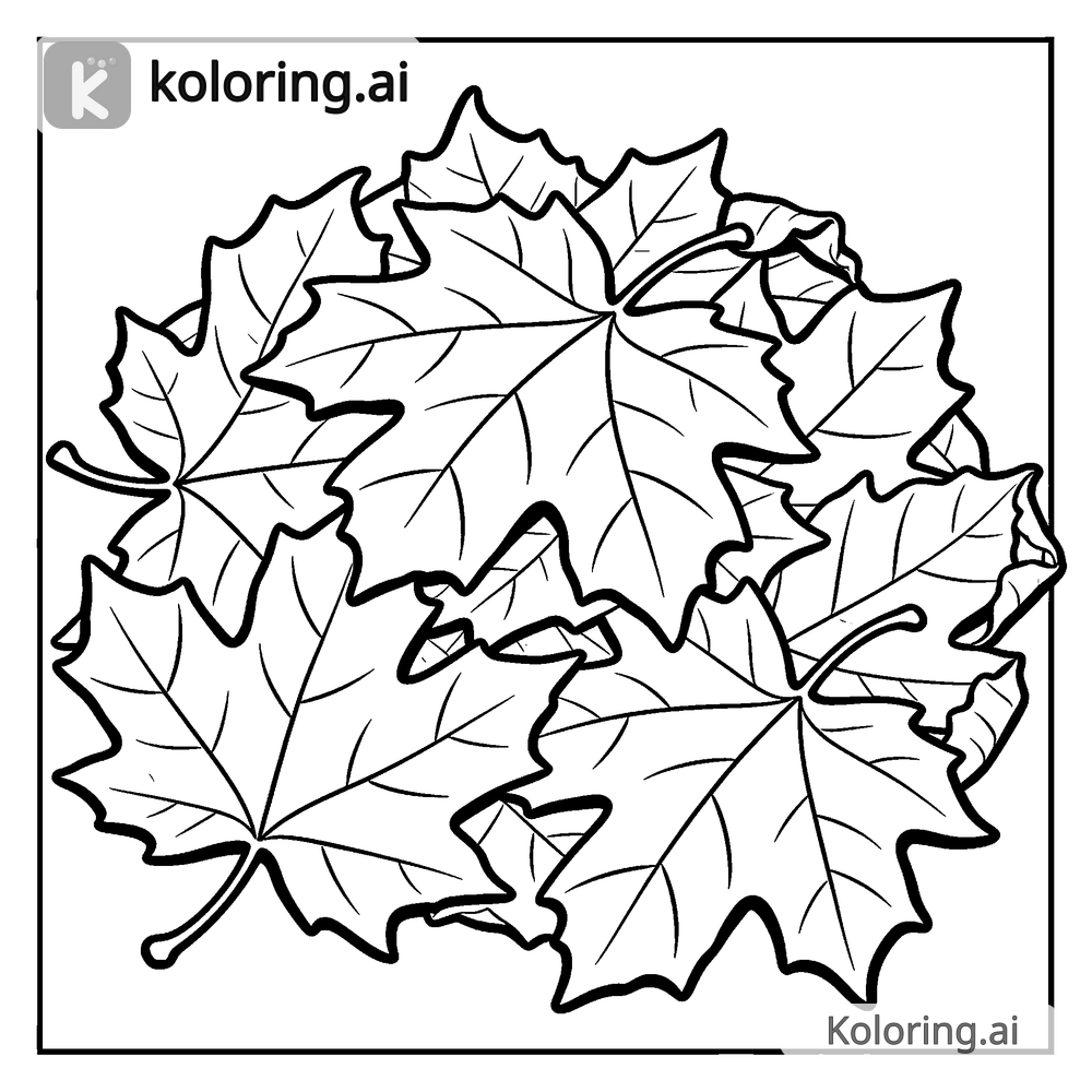 Black and white coloring page of pile of fallen maple leaves