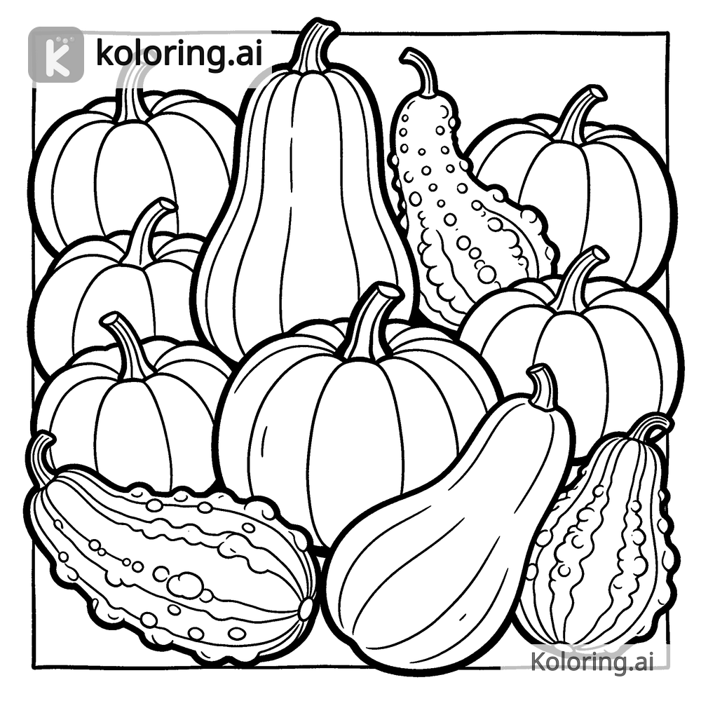 Black and white coloring page of pumpkin and gourd pile