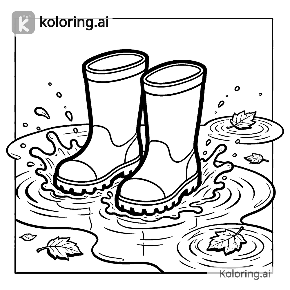 Black and white coloring page of rain boots splashing in autumn puddles