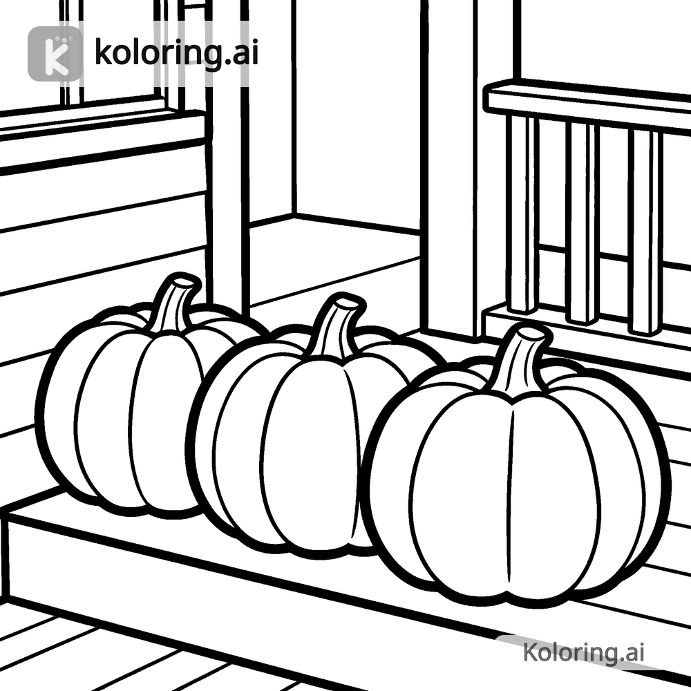 Black and white coloring page of row of pumpkins lined up on a porch