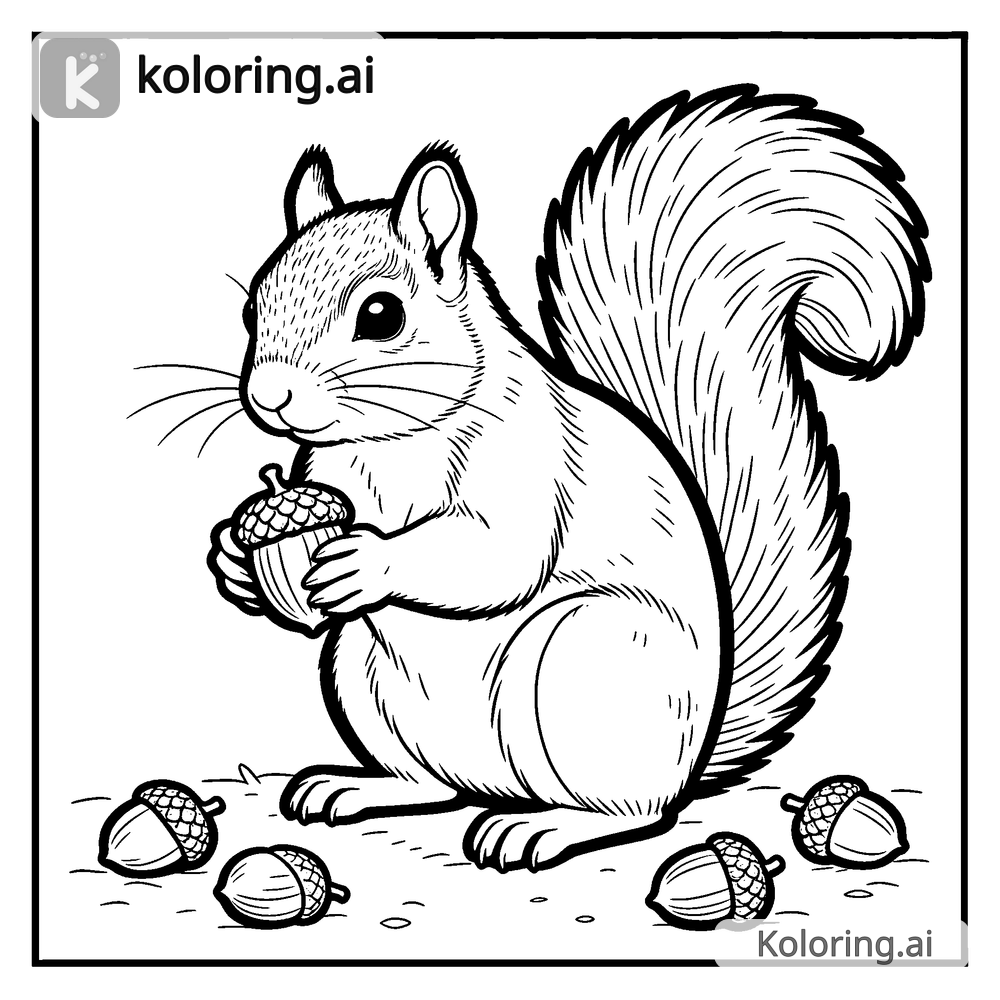 Black and white coloring page of squirrel gathering acorns for winter