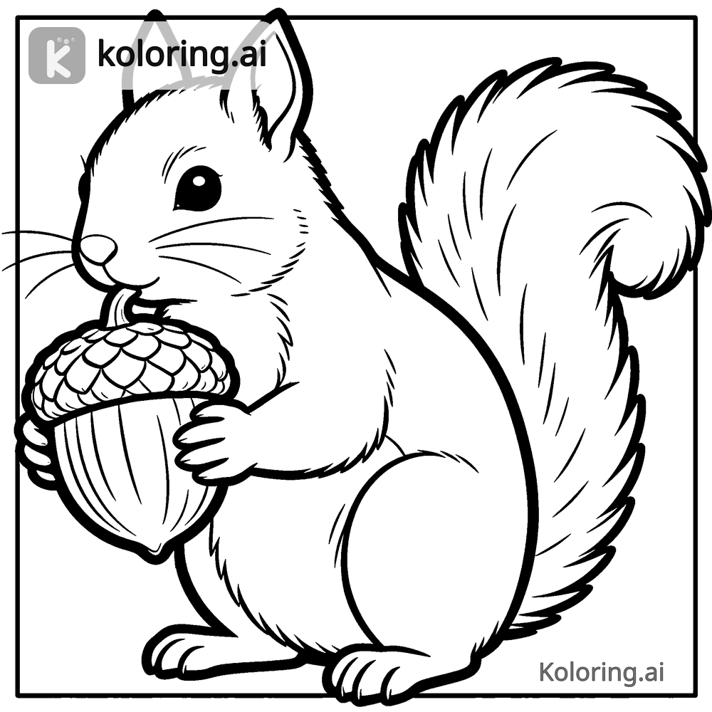 Black and white coloring page of squirrel holding an acorn