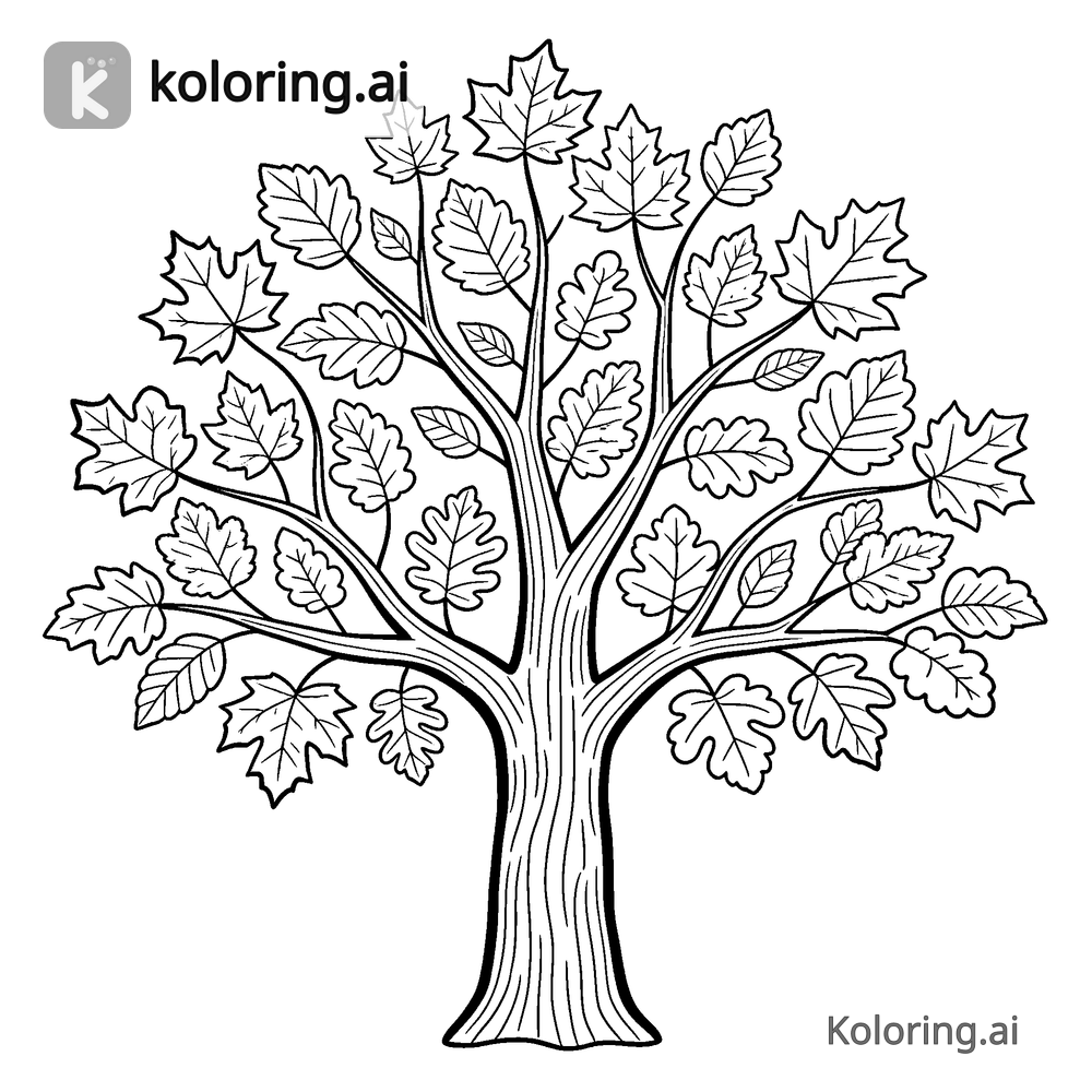 Black and white coloring page of tree with colorful autumn leaves