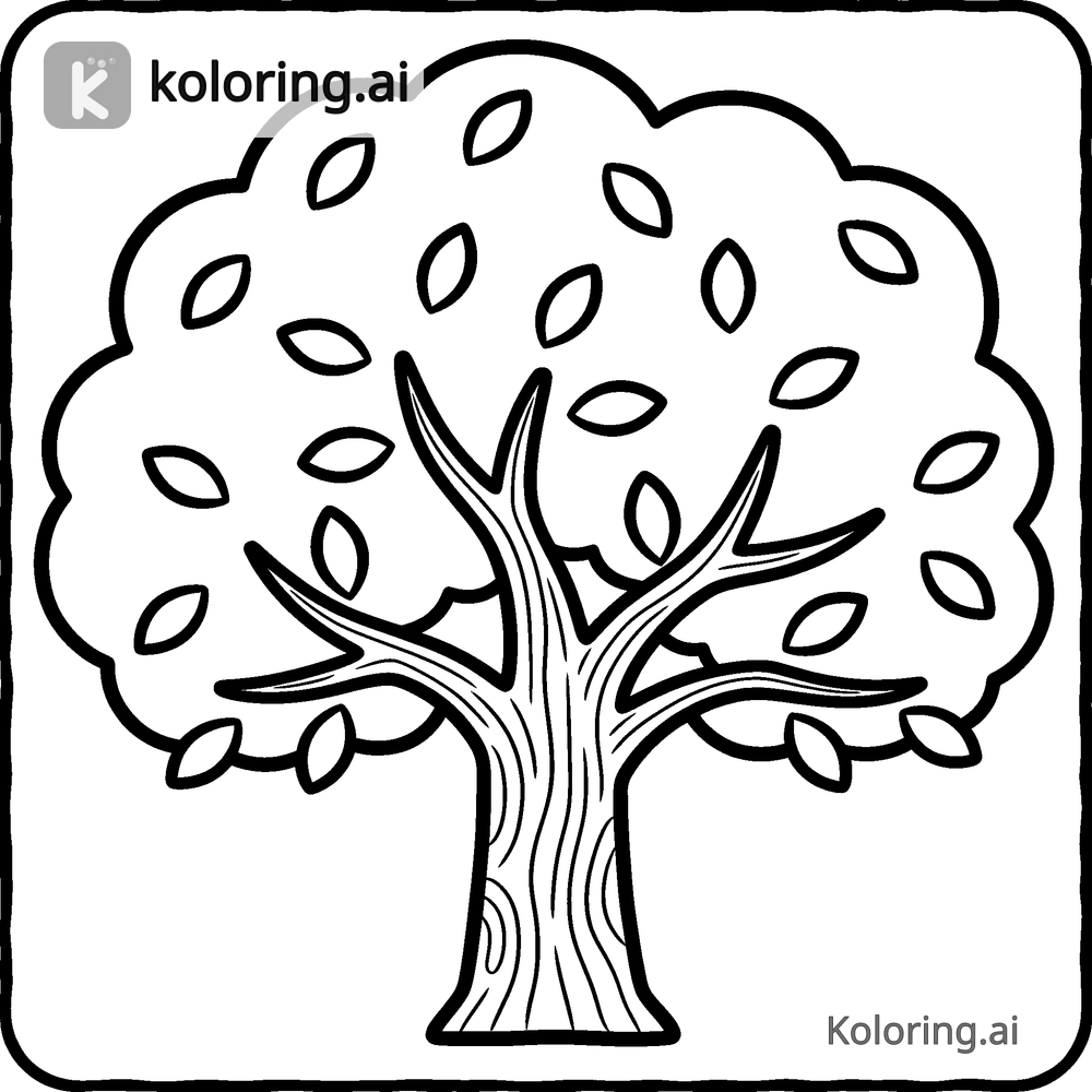 Black and white coloring page of tree with falling leaves