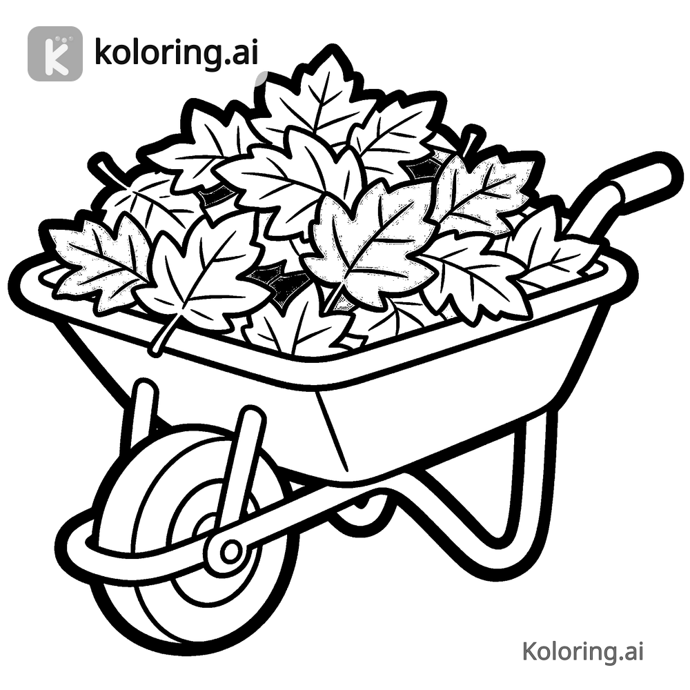 Black and white coloring page of wheelbarrow filled with autumn leaves