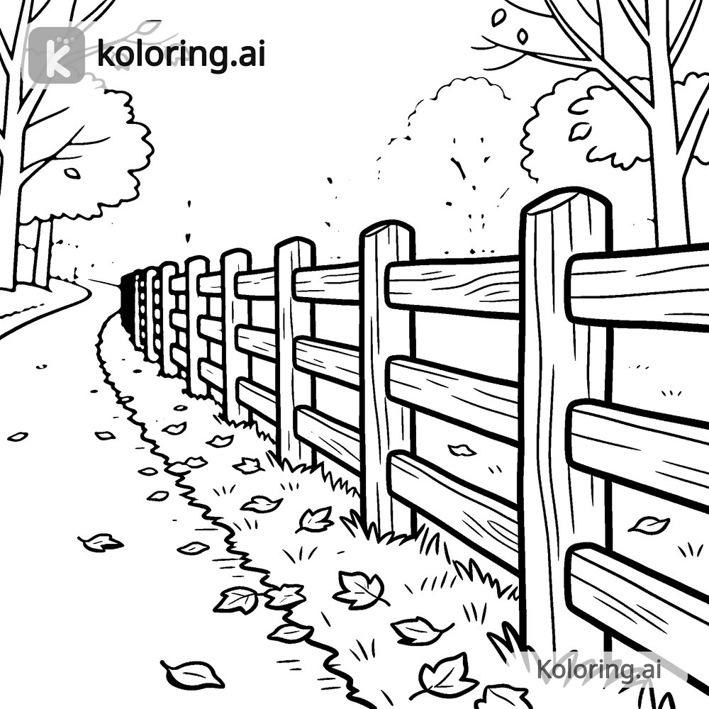 Black and white coloring page of wooden fence along a country road in fall