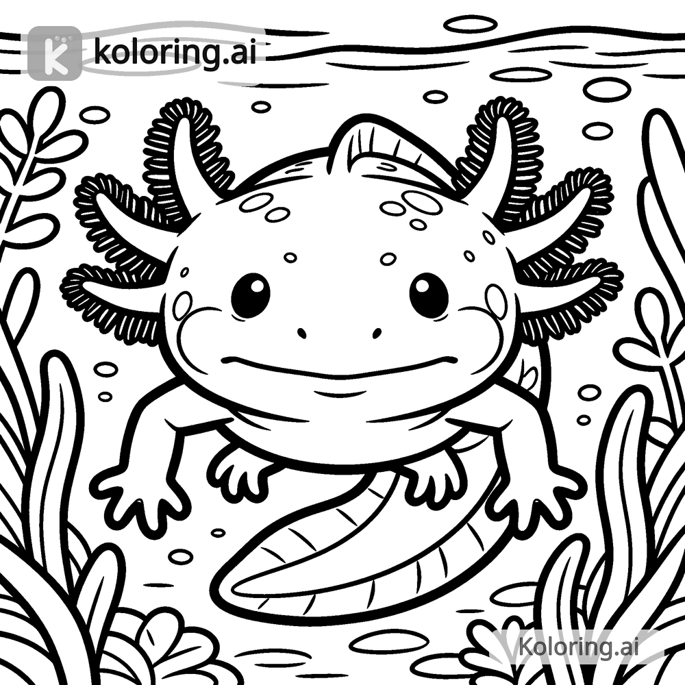 Black and white coloring page of axolotl floating among water plants