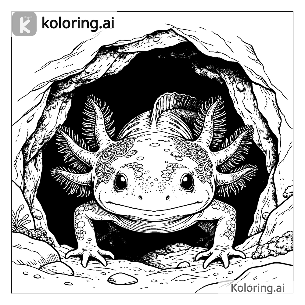 Black and white coloring page of axolotl peeking out of a cave