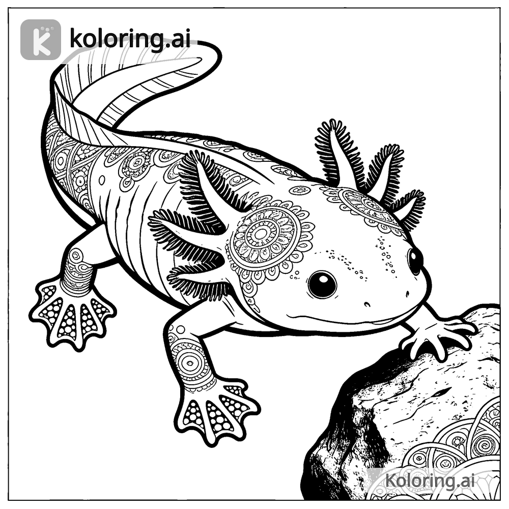Black and white coloring page of axolotl swimming near a rock